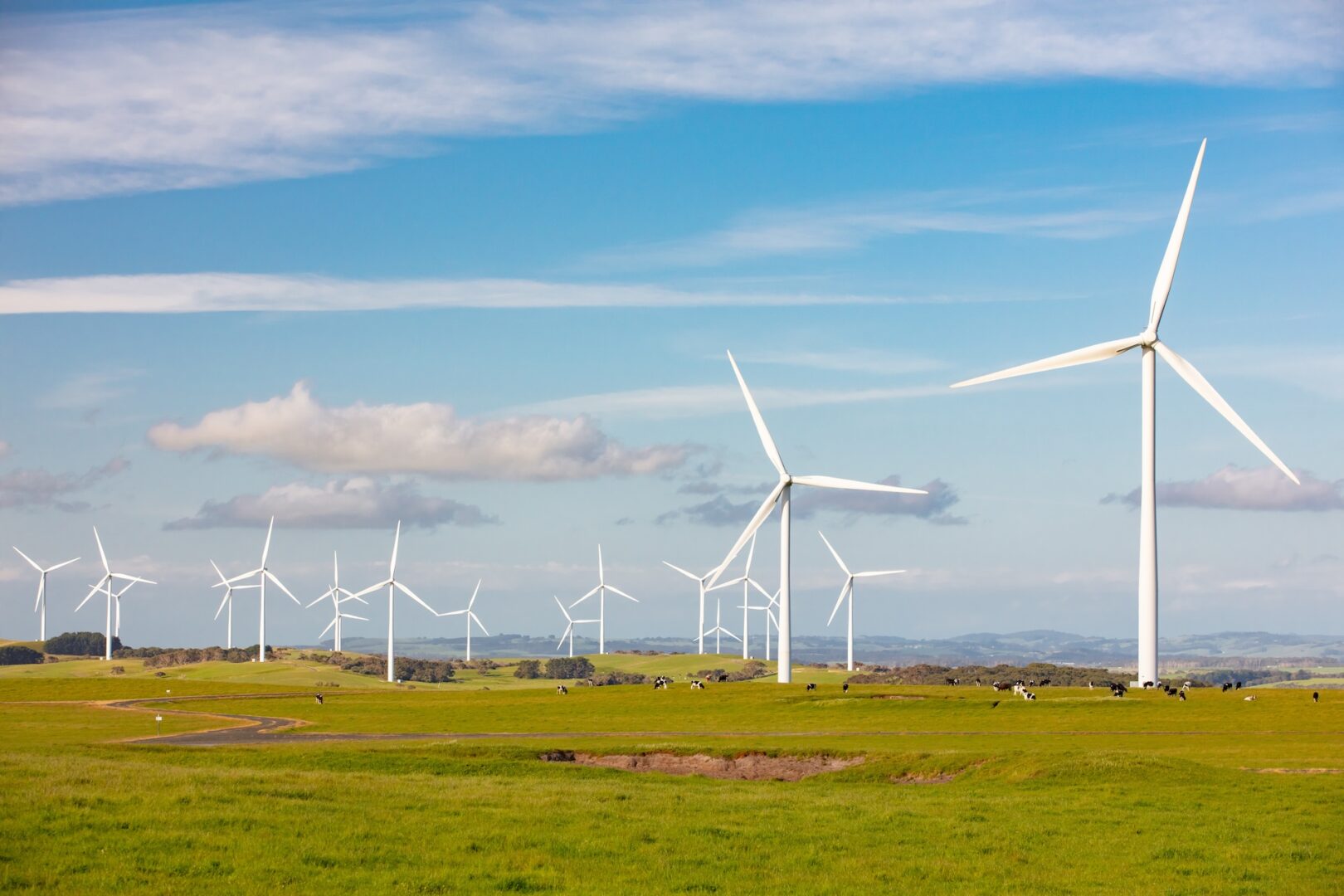 Several wind turbines are scattered across a green grassy field under a blue sky with scattered clouds. The landscape is dotted with grazing animals, and hills are visible in the background.