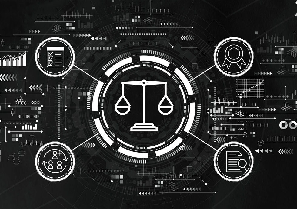 Digital illustration featuring a central justice scale icon surrounded by circular icons representing a checklist, certificate, people, and document, all connected by lines and set against a dark, tech-inspired background. Digital illustration featuring a central justice scale icon surrounded by circular icons representing a checklist, certificate, people, and document, all connected by lines and set against a dark, tech-inspired background.