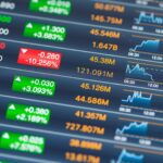 A digital display shows stock market data with numbers, percentages, and charts. Some stocks are highlighted in green for gains and others in red for losses. Maximize 2025 stock market gains with these tax tips as you track price fluctuations over time.