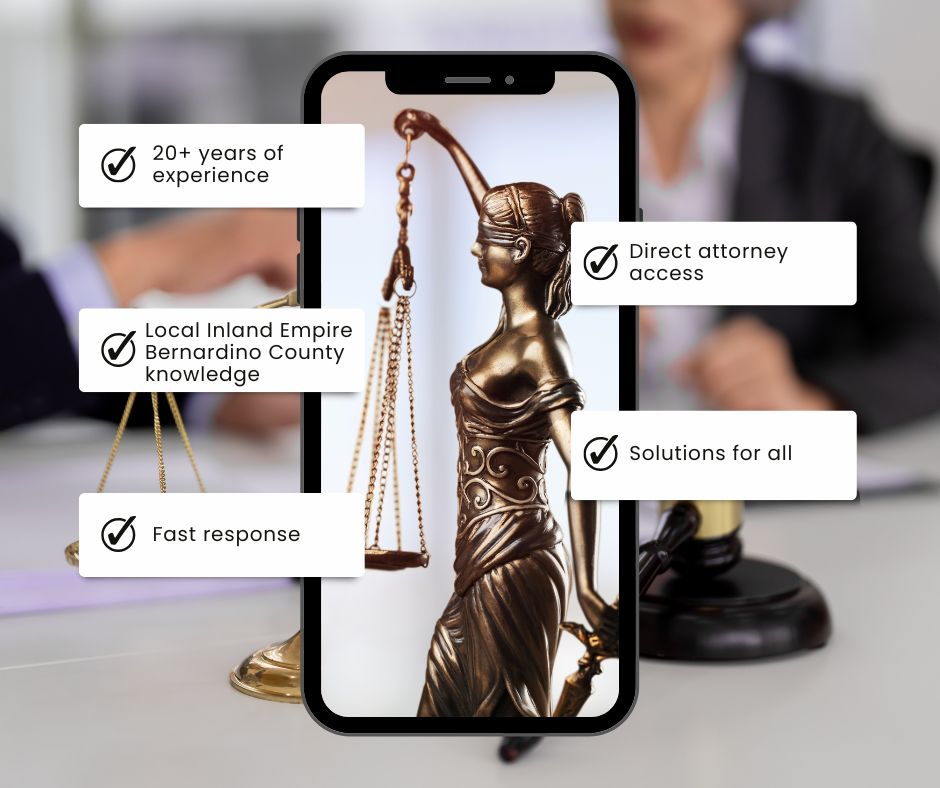 A smartphone displays a Lady Justice statue; surrounding text boxes highlight: 20+ years of experience, fast response, local knowledge, direct attorney access, and solutions for all. A blurred office scene is in the background. A smartphone displays a Lady Justice statue; surrounding text boxes highlight: 20+ years of experience, fast response, local knowledge, direct attorney access, and solutions for all. A blurred office scene is in the background.