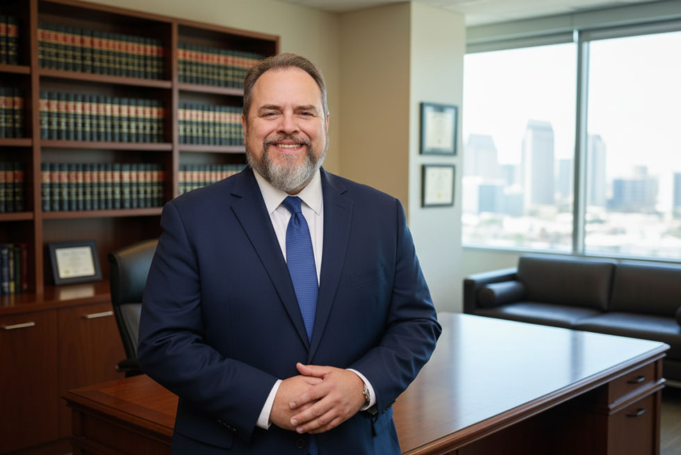 A smiling man with a beard, wearing a blue suit and tie, stands in a modern office with bookshelves, a desk, certificates on the wall, and large windows overlooking a city skyline. A smiling man with a beard, wearing a blue suit and tie, stands in a modern office with bookshelves, a desk, certificates on the wall, and large windows overlooking a city skyline.
