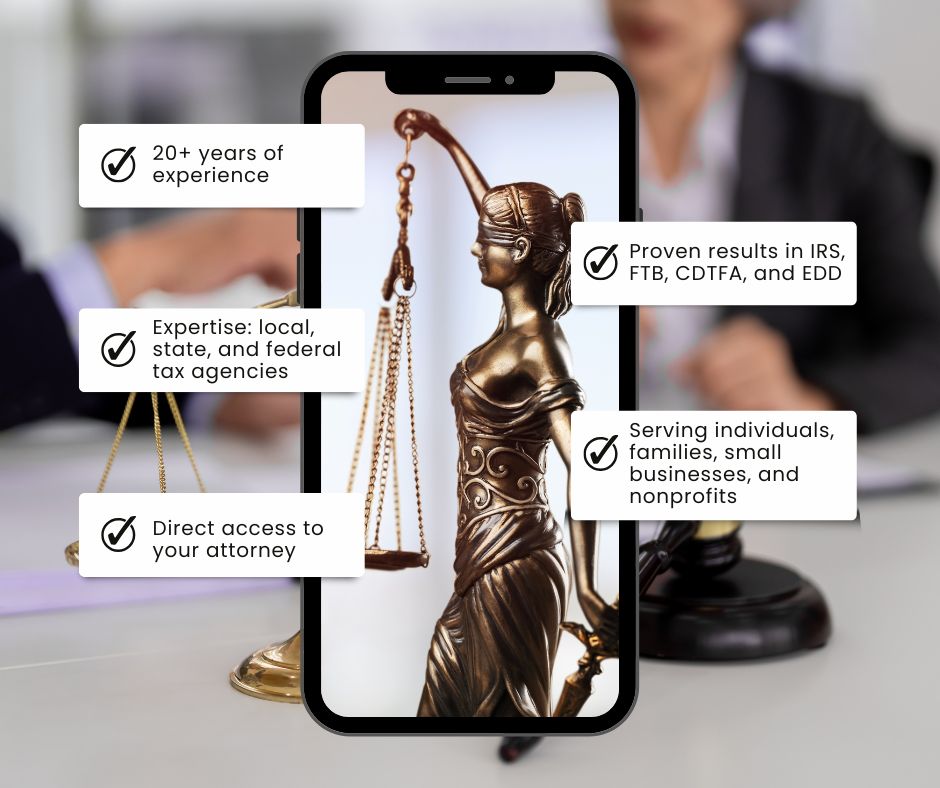 A smartphone displays a Lady Justice statue, with text bubbles highlighting legal services: 20+ years of experience, tax agency expertise, proven IRS results, direct attorney access, and service to various clients. Scales in background. A smartphone displays a Lady Justice statue, with text bubbles highlighting legal services: 20+ years of experience, tax agency expertise, proven IRS results, direct attorney access, and service to various clients. Scales in background.