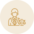 Simple line drawing of a person in a suit next to a balanced scale, symbolizing law, justice, or a legal professional, on a beige circular background.
