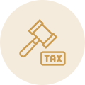 A simple brown line drawing of a gavel above a rectangular box labeled "TAX," set against a light beige circular background.