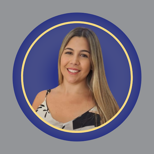 A woman with long straight blonde hair, wearing a patterned sleeveless top, smiles at the camera. The background is a solid blue circle outlined with yellow, set against a gray backdrop. A woman with long straight blonde hair, wearing a patterned sleeveless top, smiles at the camera. The background is a solid blue circle outlined with yellow, set against a gray backdrop.