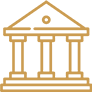 Simple orange outline icon of a classical building with four columns and a triangular pediment, resembling a bank or government institution.
