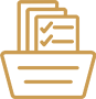 A gold outline icon of a folder containing three documents, with the front document displaying two check marks and lines representing text.