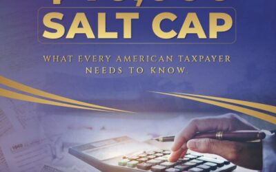 A hand using a calculator rests on documents and money. Large text reads "$40,000 SALT CAP," with "What every American taxpayer needs to know" below. Law Office of Pietro Panestrelli logo appears at the bottom.