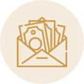 A tan icon of an envelope filled with paper currency, shown inside a light beige circle.