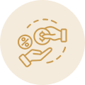Icon showing one hand giving a coin with a dollar sign to another hand, with a percentage symbol nearby, all within a beige circular background. Represents financial transactions or interest rates.