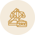 A simple line drawing of a judge's gavel, justice scales, and a book labeled "LAW" on a beige circular background.