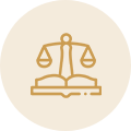 A simple gold line drawing of balanced scales placed on an open book, centered on a light beige circular background.